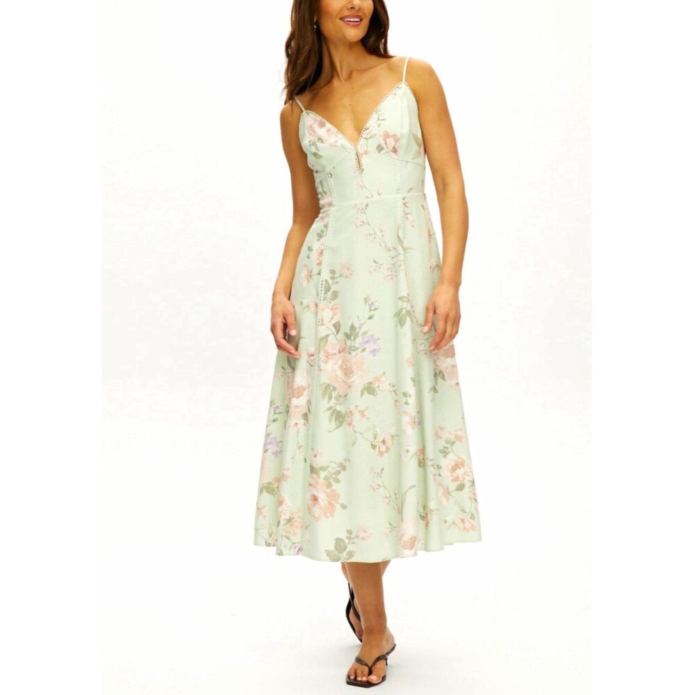 NWT Rachel Zoe Floral Linen Midi Dress M  Green Pink Smocked Pocket Cotton Lined